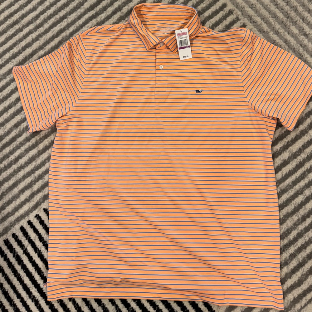 Vineyard Vines Performance Orange and Blue Striped Polo Shirt